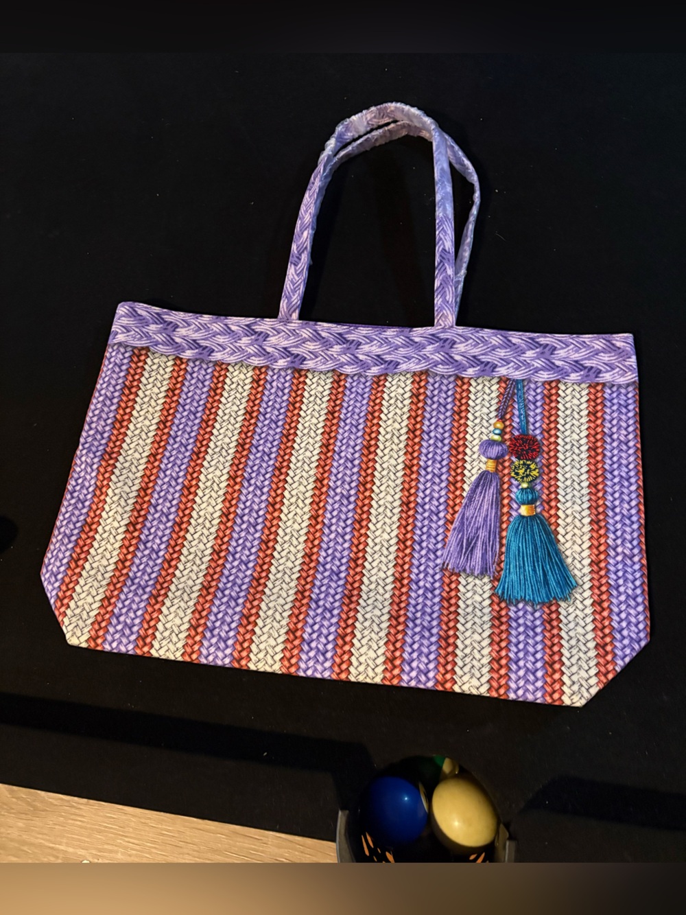 Woven Striped Tote in Purple, Coral & Cream with Tassel Accent